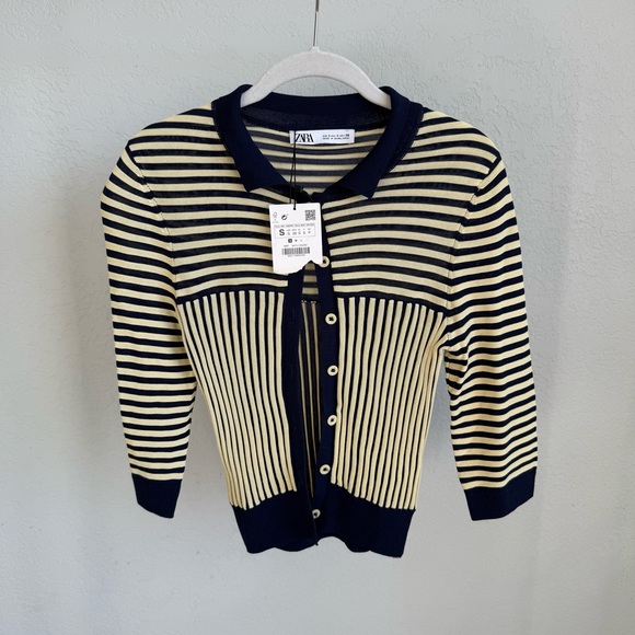 NWT ZARA Navy and Yellow Striped Women's Sweater- S - Picture 3 of 6